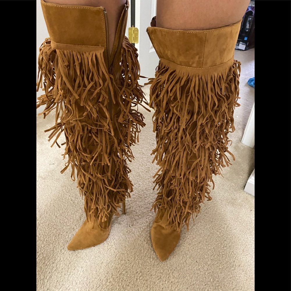 Over the knee suede tassel high heel boots